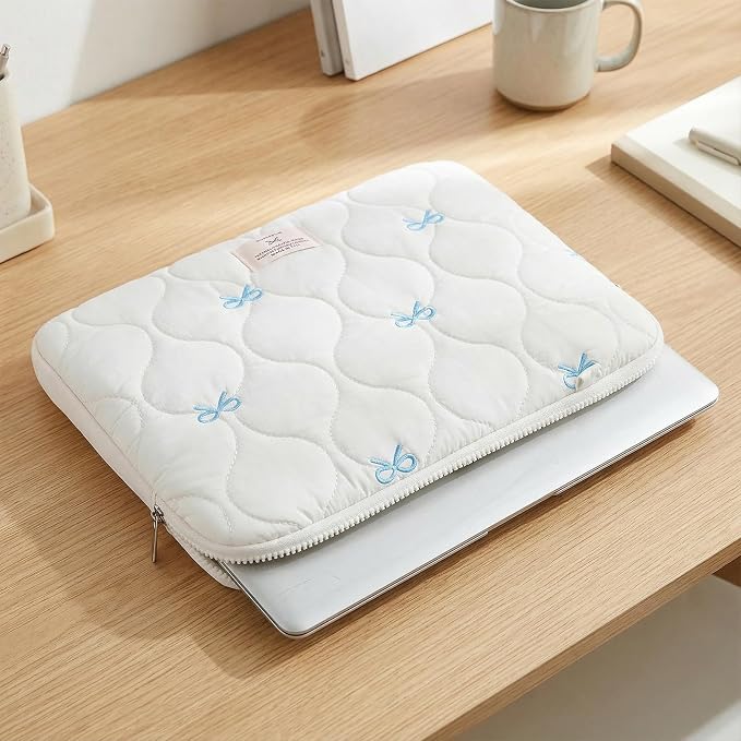 Cute Bow Laptop Case Coquette 13-15 Inch Puffy Laptop Sleeve Accessories Aesthetic Quilted Computer Bag for MacBook (White 1, 15-15.6)