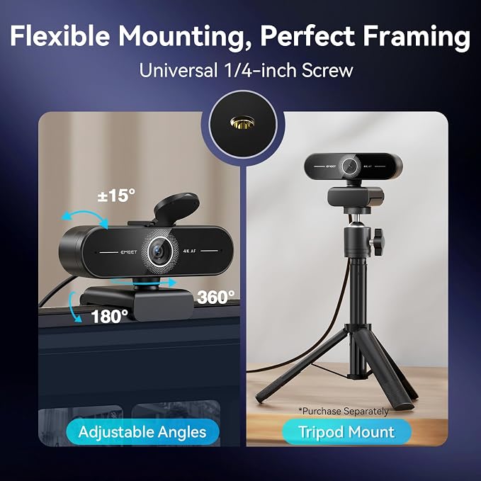 EMEET C60E 4K Webcam for Streaming & Gaming – PDAF Autofocus, Dual Mics, Live Streaming Camera with Auto Light Correction, Plug & Play USB Webcam for PC & Mac