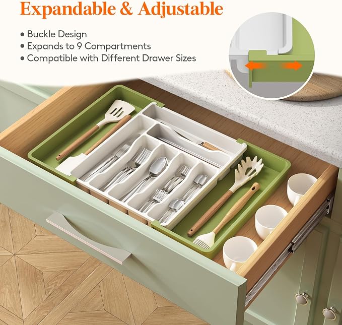 Lifewit Utensil Organizer for Kitchen Drawer, Expandable Cooking Silverware Tray, Adjustable Cutlery Flatware Holder, Plastic Spatula Tools Storage Divider, 13-22.4 x 15", Green&White