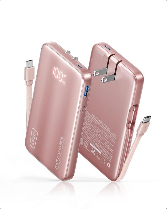 INIU Portable Charger, Ultra Small 45W Fast Charging Power Bank with Built-in AC Wall Plug, 10000mAh GaN 3-in-1 Battery Pack for Flight-Safe Travel, for iPhone 17 16, Samsung S26, iPad etc, Pink