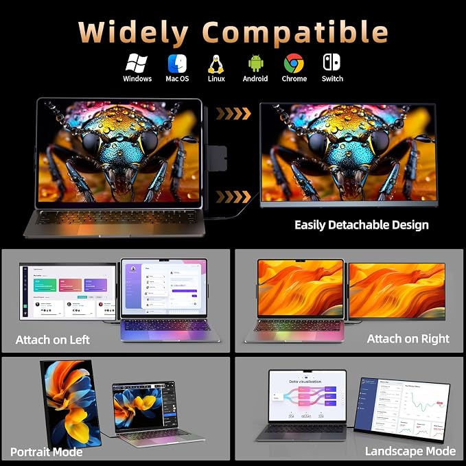 Laptop Screen Extender 15.6" 120% sRGB - FHD 1080P IPS Dual Laptop Monitor Extender with Detachable Screen, Second Monitor for 13"-17.3" Laptops, Plug-Play for Windows Mac Android Chrome