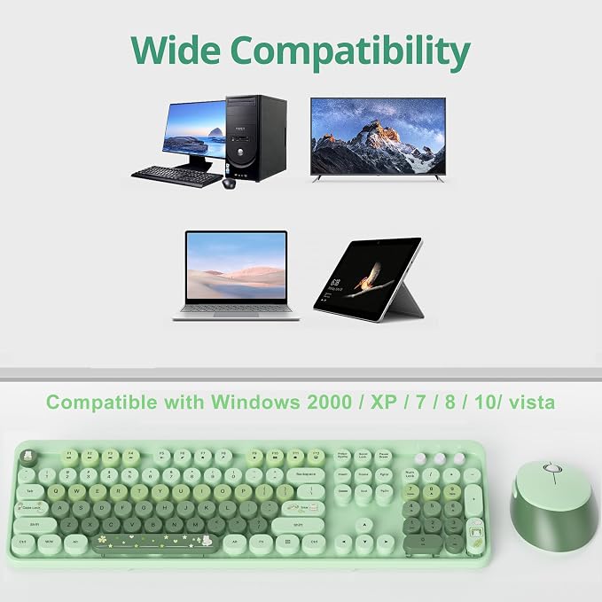 Fogruaden Green Keyboard and Mouse Wireless, Retro Typewriter Keyboard, 2.4GHz 104 Keys Full Size Cute Keyboard with Number Pad, Gradient Colorful Keyboard with Round Keycaps for Windows PC Laptop