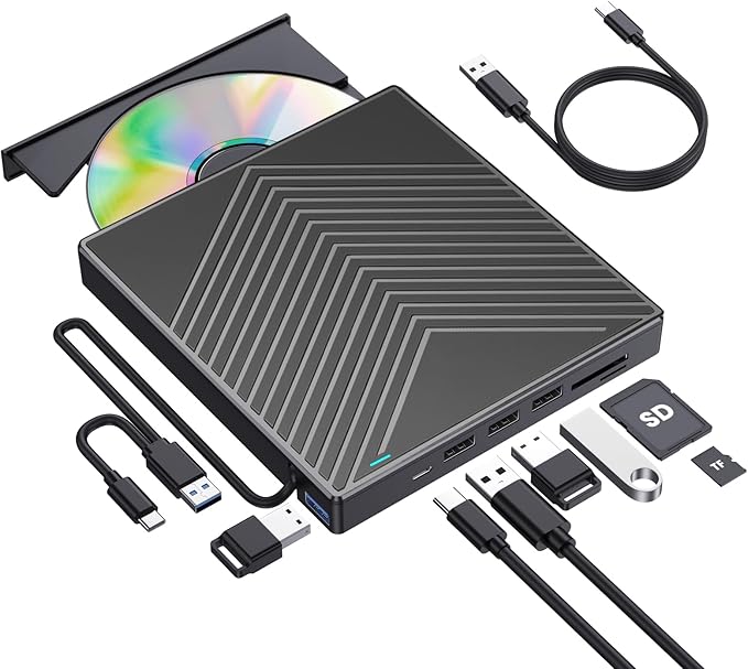ROOFULL Ultra Slim External CD/DVD Drive USB 3.0 & USB-C with 4 USB Port Hub and 2 SD/TF Card Slot, 8-in-1 CD DVD Burner Reader Writer Optical Disk Drive for Windows 11/10 Laptop PC Mac MacBook Linux