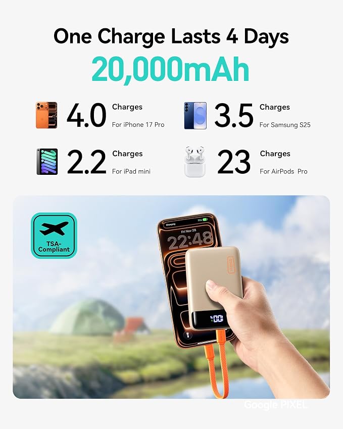 INIU Smallest 20000mAh Power Bank, 22.5W PD Fast Charging Portable Charger with USB-C Cable, Flight-Safe Battery Pack for Travel & Women Daily Commute & Gift, Mini Size for iPhone Samsung iPad, Beige