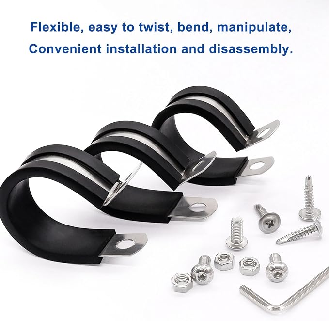 Taiss 50PCS 1/2 Inch Cable Clamps 304 Stainless Steel Rubber Cushion Insulated Wire Clamp,Pipe Clamps Loop Clamps,Metal Clamp With two kinds of screws (13mm)