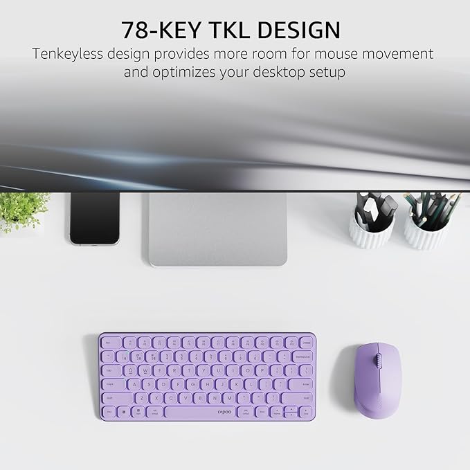 Rapoo Multi-Device Keyboard and Mouse Combo, 2.4GHz/Bluetooth 5.0/4.0 Wireless Keyboard & Mouse Set for Windows/Mac/Linux/Chrome, Support 4 Devices, Low-Profile Silent Click, Battery Powered, Purple