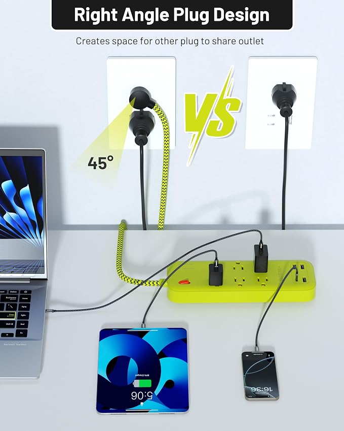 USB Surge Bar 6 Power Strip - 6 Outlets 4 USB Ports(1 USB C), Multi Plug Outlet Extender with 6Ft Braided Extension Cord, 3600 J, Wall Mount, Flat Plug, Desk Charging Station for Office Home