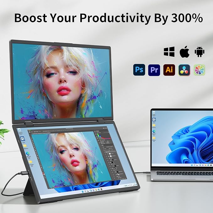 Laptop Screen Extender,15.6" Dual Monitors (Wins/Mac) Folding Stacked Portable Dual Monitor, USB C Travel Extended Computer Display with Triple Portable Monitor for Laptop PC Windows Mac
