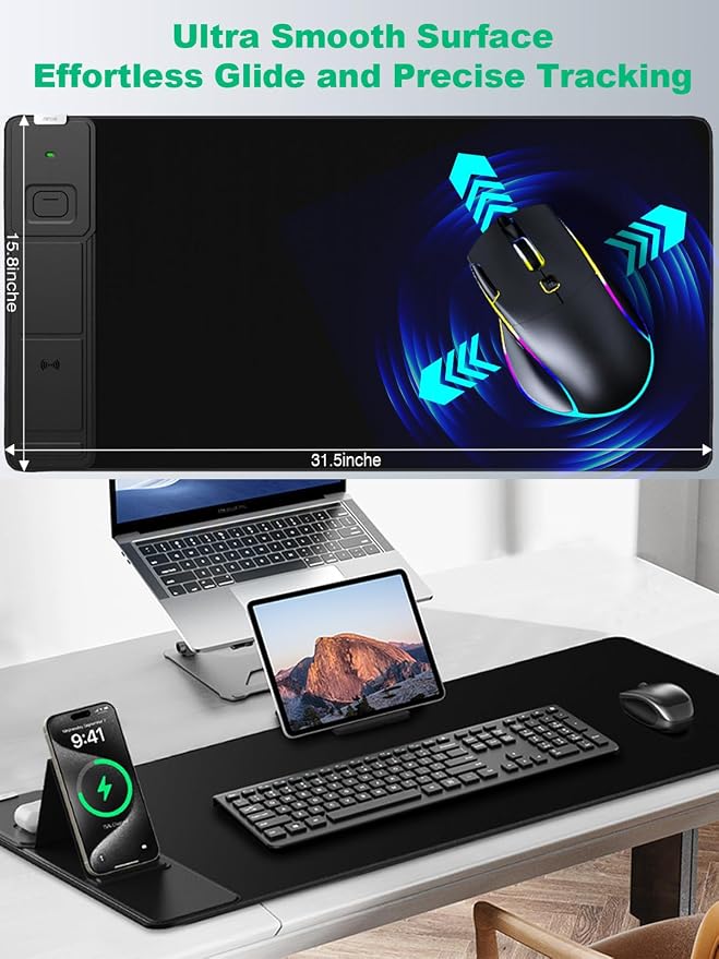 Mouse Pad with Foldable Phone Holder, Wireless Charging Desk Mat 31.5x15.75 Mousepad with Superior Micro-Weave Cloth Non-Slip Waterproof Desk Pad (Black with PD Adapter)