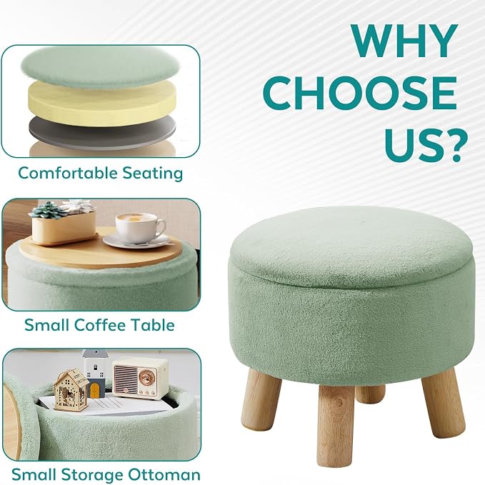 Small Foot Stool Ottoman with Storage, Soft Faux Fur Ottoman Foot Rest for Couch, Round Footstool with Storage, Small Ottomans and Footstools for Living Room and Entryway (Light Green)