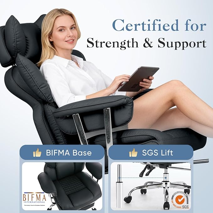 DUMOS Big and Tall Office Chair 350 LBS, Scratch-Resistant PU Leather Executive Office Desk Chair with Footrest, Ergonomic Reclining Computer Chair with Pocket Spring Support for Home Office, Black