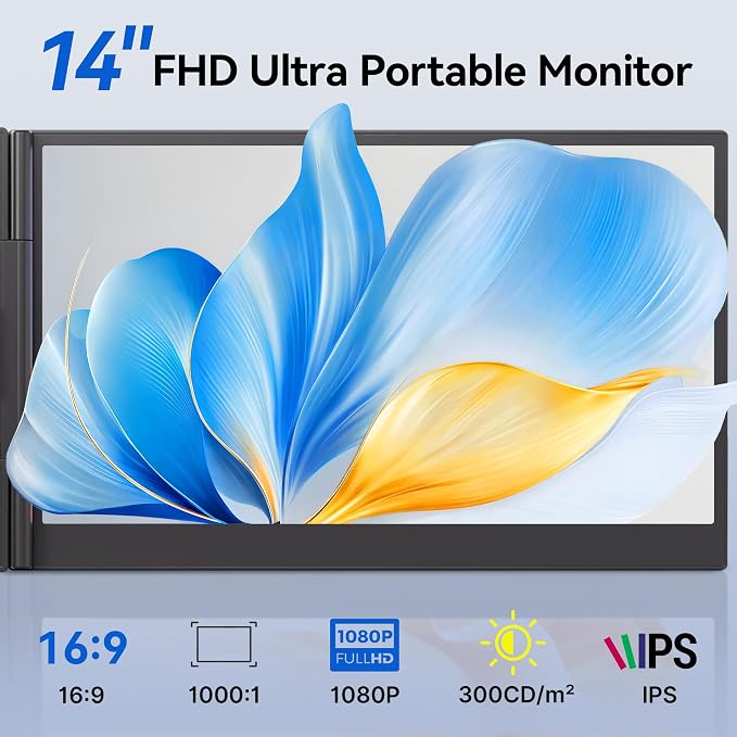 Laptop Screen Extender Monitor - Ultra-Thin Dual 14 inch IPS FHD 1080P Extended Monitors for 13"-17" Laptops Type-C/HDMI/USB-A Compatible with Windows Mac Travel Work