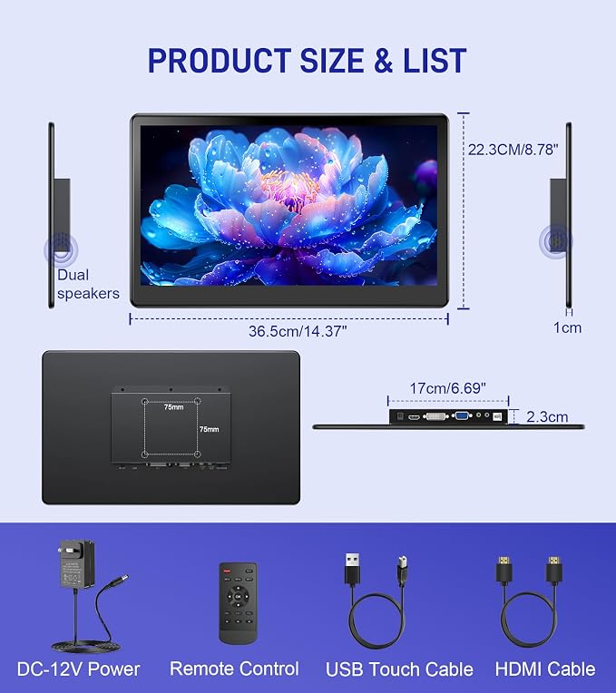 15.6 inch Portable Touchscreen Monitor with HDMI VGA DVI Ports, Screen Extender FHD 1920×1080 IPS Small Touch Screen Display Compatible with Laptops PC PS5/4, Industrial (with Remote)