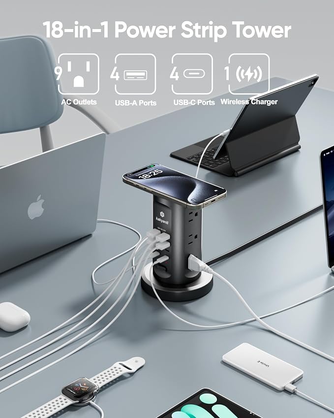 Kakyanill 30W USB Charging Station, Surge Protector Power Strip Tower, 9 AC Outlets with 8 USB Ports(4 USB-C), 6Ft Flat Plug Retractable Extension Cord, for Home Office Dorm, Black