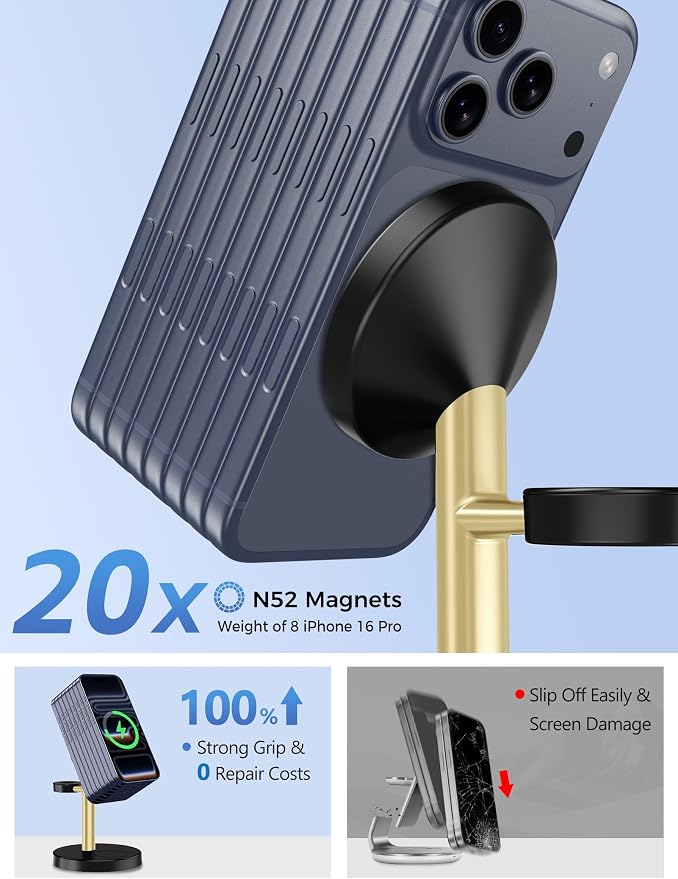 Aeinidi 2026 3 in 1 Wireless Charging Station Compatible with MagSafe Charger Stand, 15W Fast Magnetic Mag-Safe Charger for iPhone 17 16 15 14 13 12 Series Apple iWatch AirPods Pro 4 3 2, BlackGold
