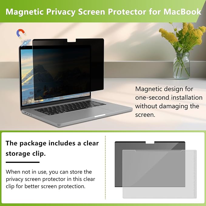 Magnetic Privacy Screen Protector for MacBook Pro 16 Inch (2021-2026, M1/M2/M3/M4/M5, Pro/Max) Removable Matte Anti Glare Blue Light, Anti-Spy Screen Filter for Mac Pro 16inch Laptop Filter