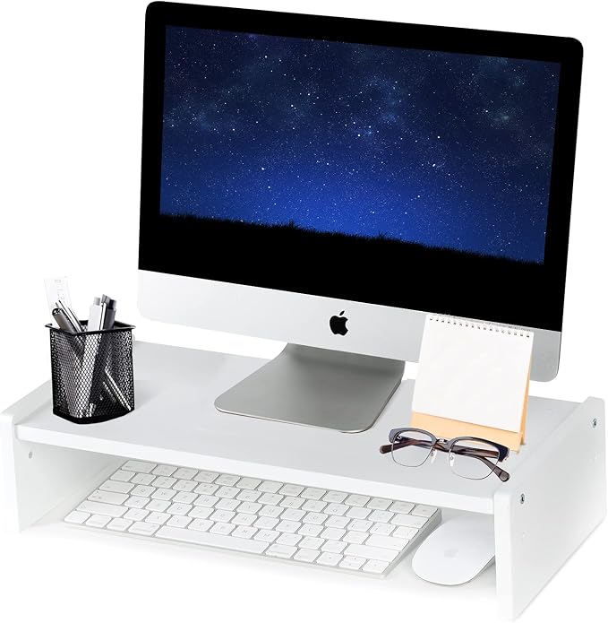 KINLINK Solid Wood Monitor Stand Riser, Monitor Riser with 2 Adjustable Height, 15.8 inch Computer Riser for Computer, iMac, PC, Printer, Computer Monitor Stand for Home & Office, White