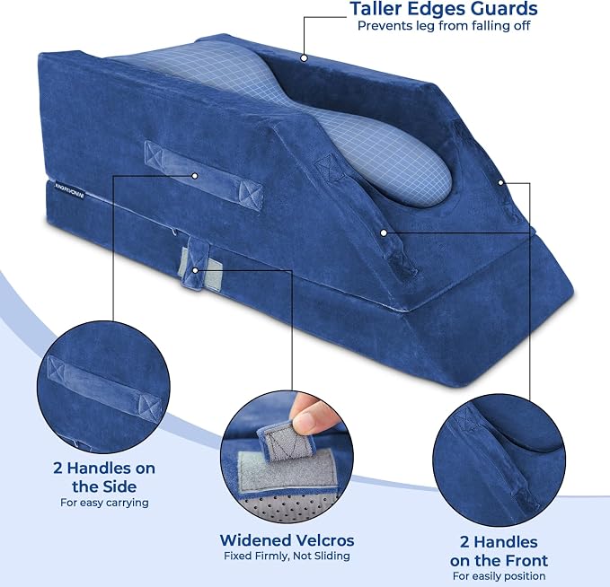 KingPavonini 4-Height Adjustable Leg Elevation Pillows for After Surgery with Ergonomic Curve, Memory Foam Wedge Pillow for Legs Swelling, Blood Circulation and Pain Relief, Blue (Single Leg)