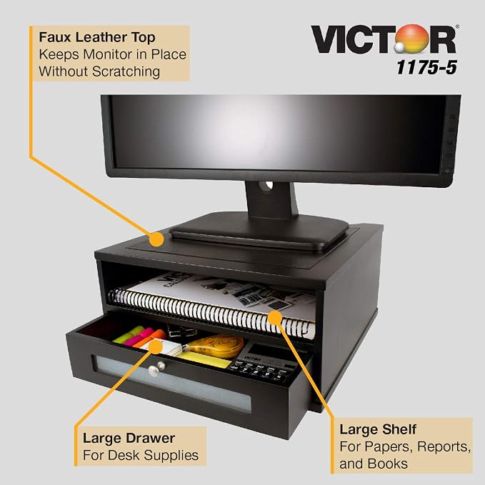 Victor Midnight Black Collection 1175-5 Wood Monitor Stand/Riser