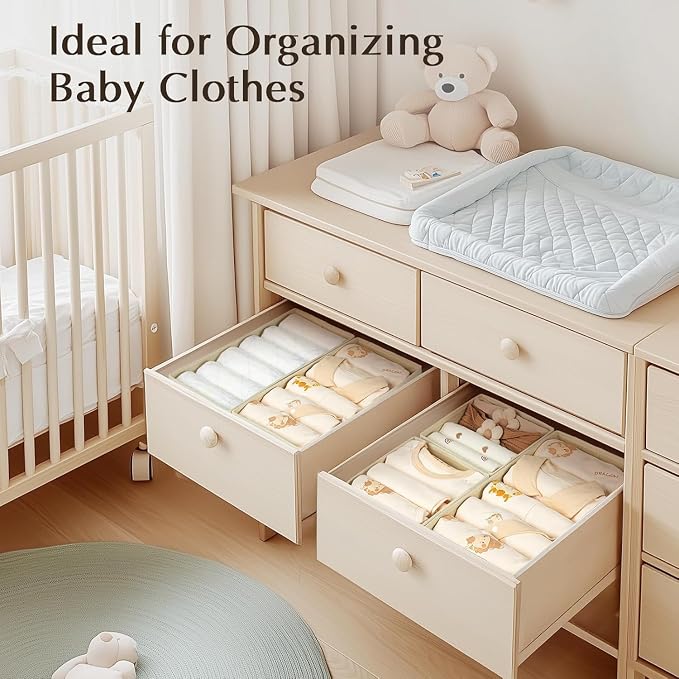 DIMJ Drawer Organizers Clothes, Set of 16 Dresser Organizer Bins, Fabric Closet Organizers and Storage, Shallow Drawer Dividers for Nursery, Clothing, Baby Clothes, Socks, Underwears, Tie (Beige)