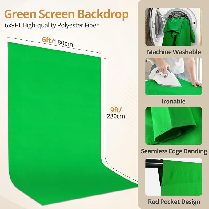 10×7FT Adjustable Green Screen Backdrop Stand Kit, 6×9FT Greenscreen Background with Photography Stand, 6 Clamps and Carrying Bag for Photo Shoot, Video Recording, Streaming, Decoration