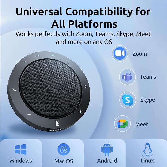 Bluetooth Speakerphone for Conference Calls – 2 AI Noise Reduction Mics, 360° Voice Pickup, USB-C & USB-A Adapter, 10-14H Playtime, Compatible with Zoom/Teams/Skype/Meet