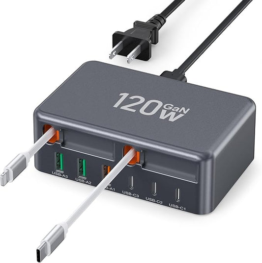 Upgraded 8-in-1 Retractable USB C Charger Block, 120W GaN Multi Charging Station Hub with Lightening & Type C Cable, Travel Essential USB C Power Strip Plug for iPhone 17 16 15 14 Pro Max iPad Galaxy