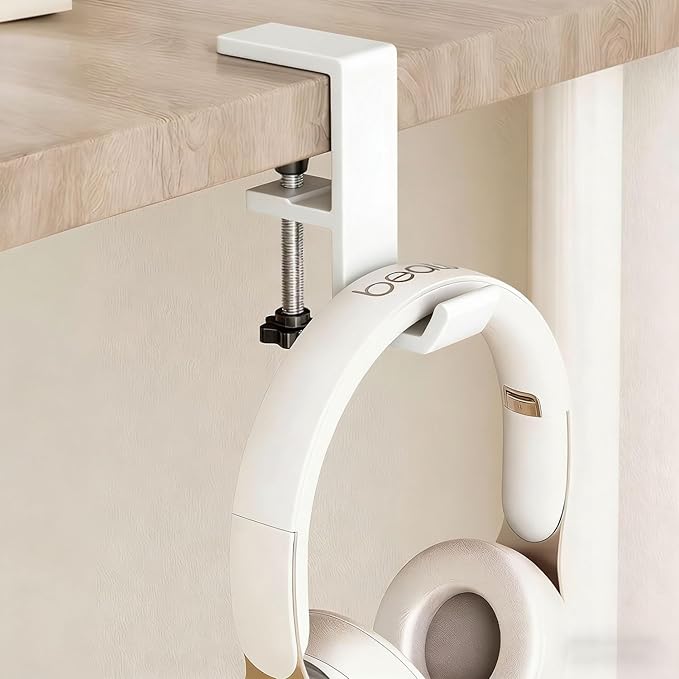 Headphone Stand - Aluminum Alloy Headphone Holder, Under Headset Stand for Desk Fit for PC Gaming Headset Hanger Hook Suitable for Office, Computer, Student Class Desk, Handmade Creator Table (White)