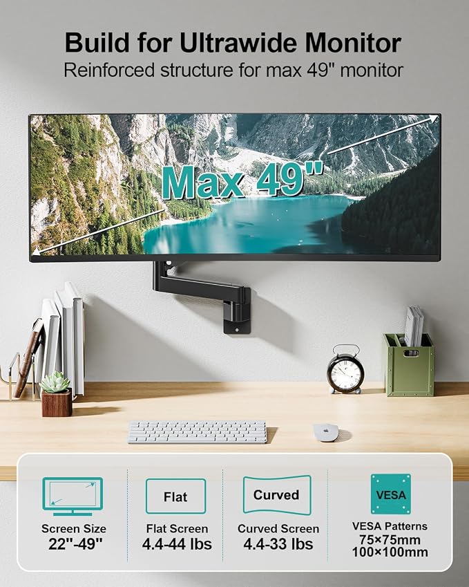 MOUNT PRO Monitor Wall Mount for 22"-49" Ultrawide Flat & Curved Screens, Heavy Duty Single Wall Mount Monitor Arm Holds up to 44 lbs, Full Motion Adjustable Wall Bracket, VESA Mount 75x75mm/100x100mm