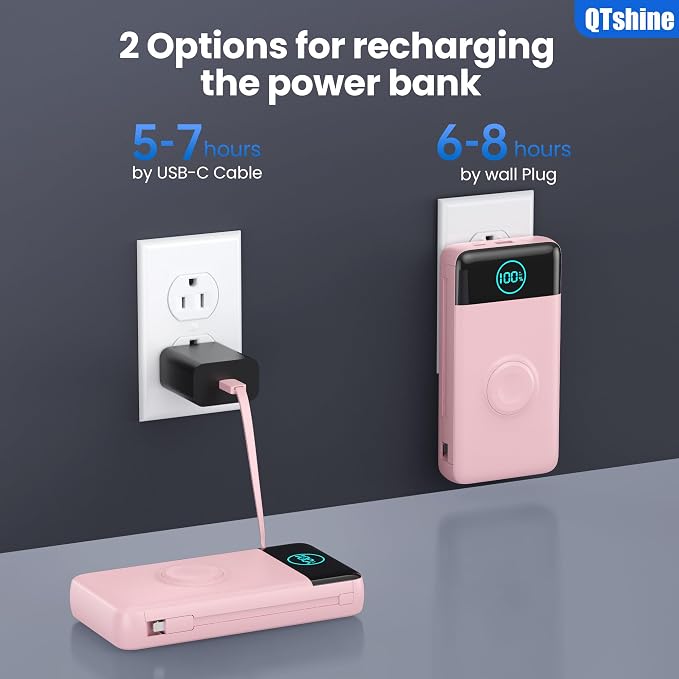 Portable Charger for iPhone, 40800mAh Power Bank with Built-in Cables & AC Wall Plug, 5 Outputs USB C Fast Charging External Battery Pack for iPhone 17/16/15/14, Android, Travel Essential (Pink)