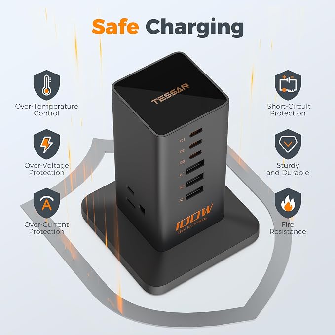 Charging Station for Multiple Devices 100W, TESSAN USB Fast GaN Station for iPhone 14/15, MacBook, Tablet, Type C Desktop Phone with 3 Outlets, Home Drom Office Accessories, Frosted Black, TS-CS03
