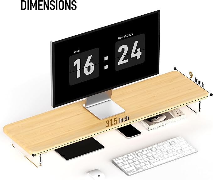 AFOOYO Bamboo Monitor Stand Riser, 31.5In Desk Organizer, Adjustable Arylic Feet Computer Monitor Stand, Desk Shelf for Office