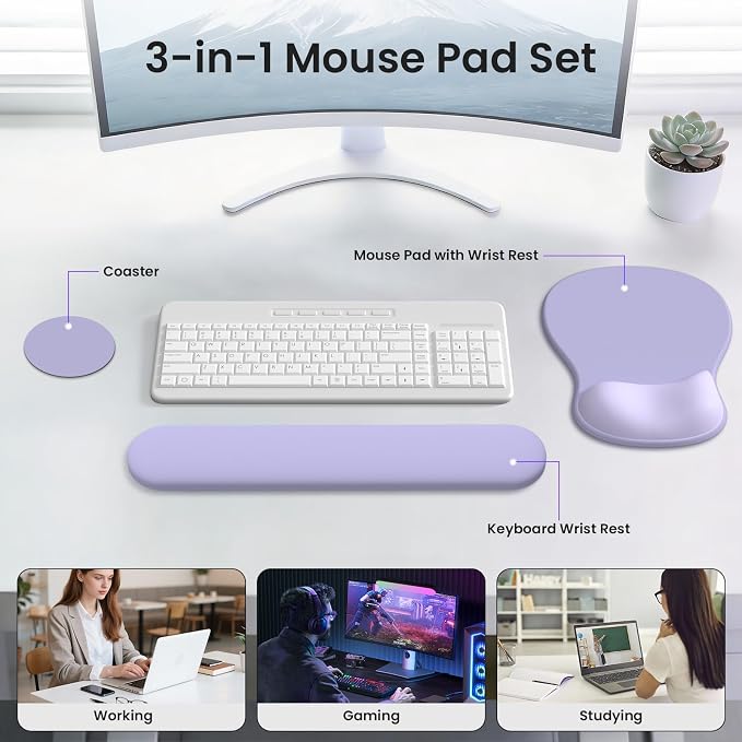 AKIT Ergonomic Mouse Pad and Keyboard Wrist Rest, 3-in-1 Memory Foam Wrist Rest for Computer Keyboard, Non-Slip Base, Pain Relief, Gel Mousepad Set for Gaming, Home and Office, Purple