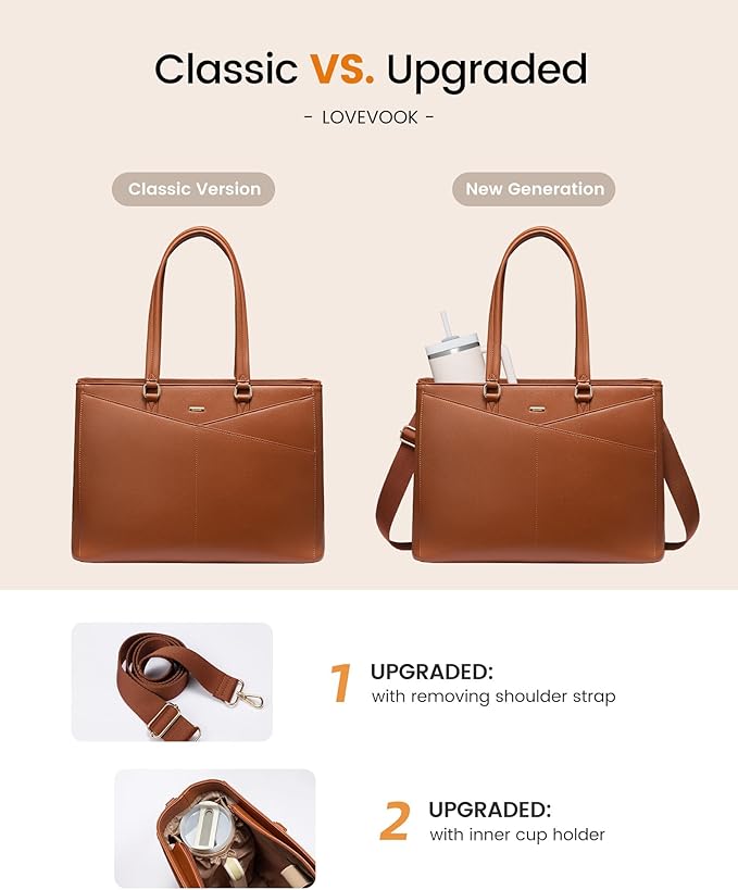 LOVEVOOK Laptop Tote Bag for Women 15.6 Inch Leather Work Bags with Large Cup Holder for Teacher Work Business,Brown