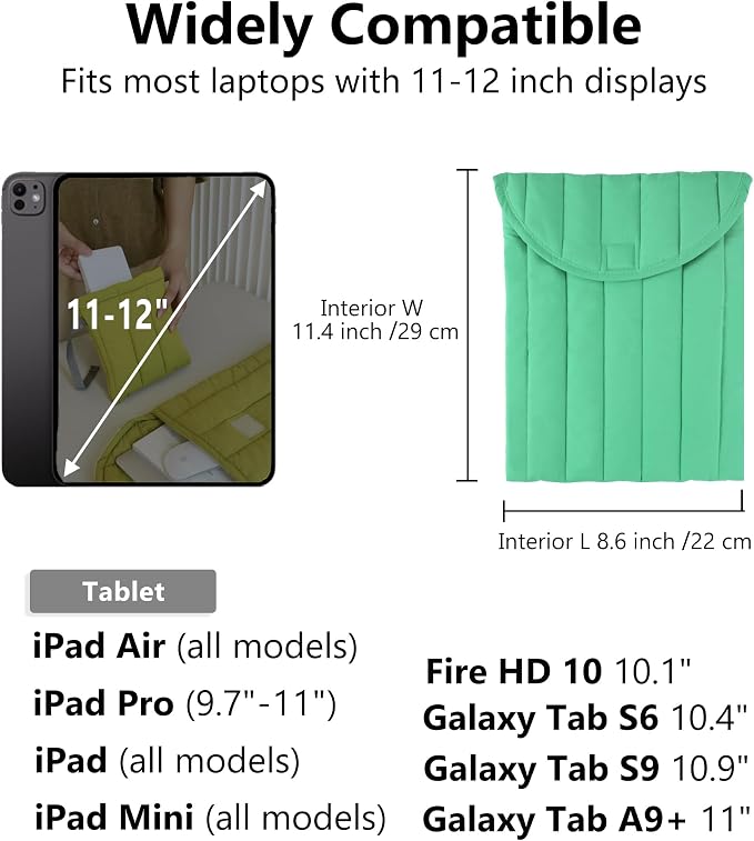 Puffy Laptop Sleeve Set 11-12 Inch Light Green, Protective Carrying Case for Men and Women, Cute Case Bag Compatible with 11 and 12 Inch Laptops, 10.9" Ipad 10, 10.2" Ipad 7 8 9 in Cover