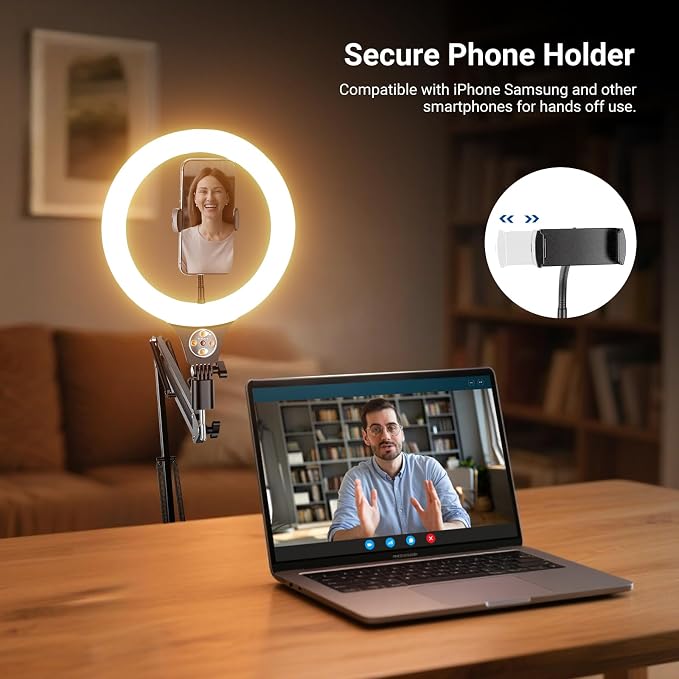 NEEWER Entry Level Version 10" 10W Ring Light with 46"-63" Stand, Overhead Phone Holder Mount Compatible with iPhone, Bi Color LED Selfie Lighting CRI85+ for TikTok Video Recording Streaming, N44