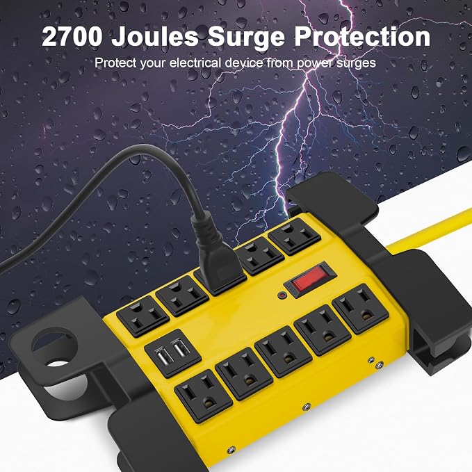 CCCEI Heavy Duty Power Strip with USB Ports, Garage 10 Outlets Surge Protector 2700 Joules, Industrial Workshop Metal 15Amp Multiple Outlets, 25 FT Extension Cord and Wide Spaced Yellow