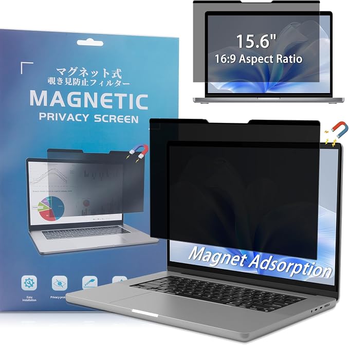 Magnetic Privacy Screen 15.6" 16:9 for Laptops - 2-Sided Removable Anti-Peeping/Anti-Glare, Blue Light Block, UV Protect, Reduce Strain, Fits Chromebook/Lenovo/HP/Dell/Acer/ASUS/XPS