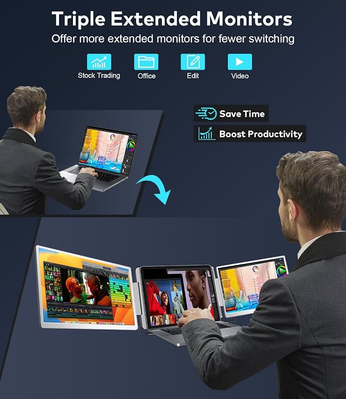 15.6" Laptop Screen Extender, Left Screen 360° Flip Triple Screen Monitor Extender, FHD 1080P IPS Portable Travel Monitor Display, fit for 13-17.3" Laptops, Compatible with Windows and MacBook-S10