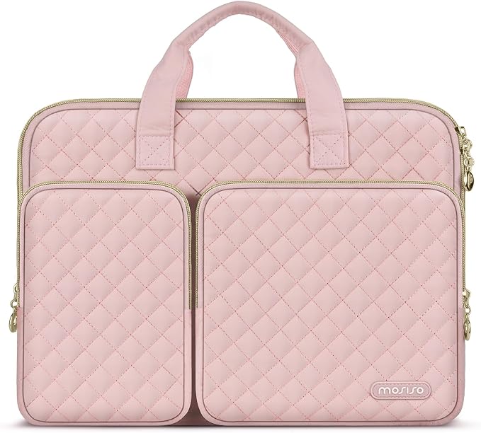 MOSISO 360 Protective Laptop Case 13.3 inch, 13-13.3 inch Laptop Sleeve Compatible with MacBook Air/Pro 13/Pro 14,HP Dell ASUS Lenovo, Square Quilted Bag Cover with 2 Pockets&Handle&Belt, Chalk Pink