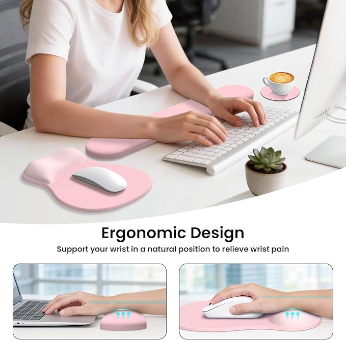 AKIT Ergonomic Mouse Pad and Keyboard Wrist Rest, 3-in-1 Memory Foam Wrist Rest for Computer Keyboard, Non-Slip Base, Pain Relief, Gel Mousepad Set for Gaming, Home and Office, Pink
