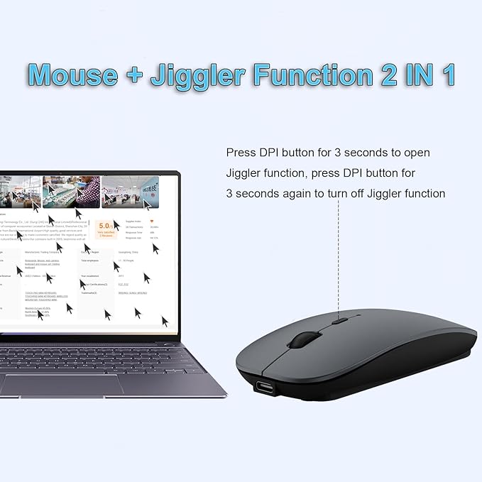 SUNGI Bluetooth Mouse,Wireless Slim Silent Mouse Jiggler Rechargable Mouse for iPad/MacBook/Tablet/PC/Cellphone,Gray
