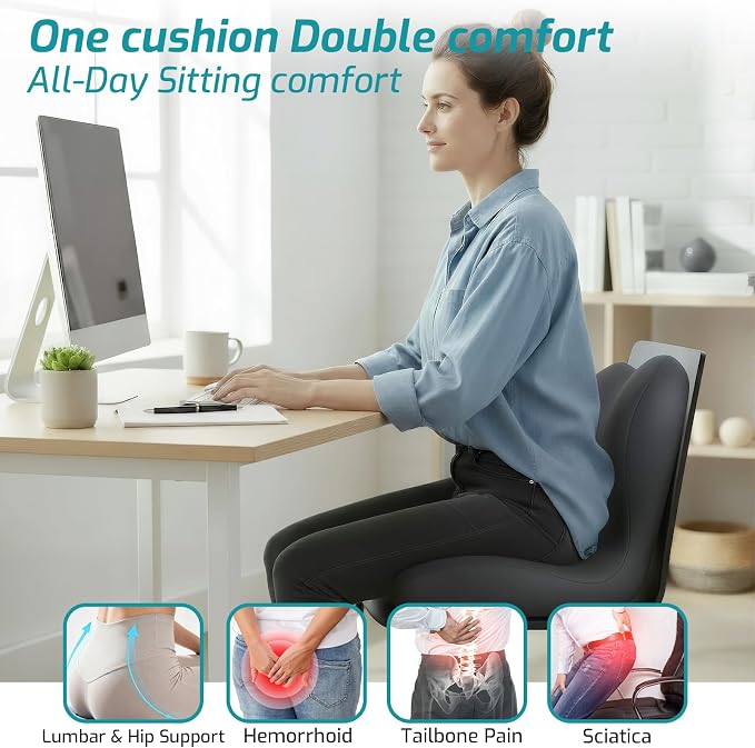 Memory Foam Seat Cushion,Office Chair Cushion with Lumbar Support for Back Pressure Relief, Car Seat Cushion with Adjustable Strap,Sciatica Pad Cushions for Car,Truck, Desk (D-Dark Grey)