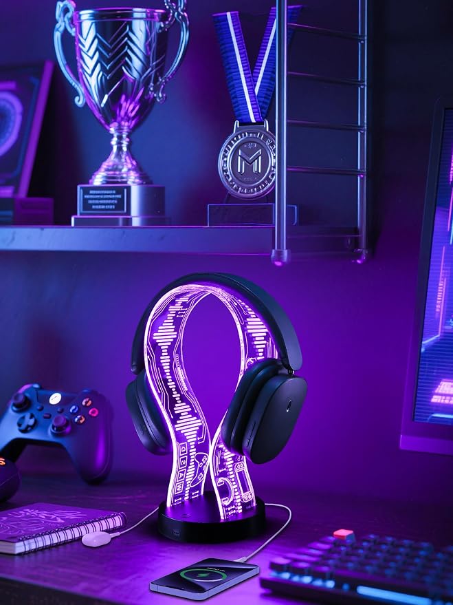 CoolGift Mart Light Up Headphone Stand with 16 Color Lights, Game Pattern Acrylic Headset Stand with 1 USB and 1 Type-C Charging Ports, Gifts for Gamers Men and Music Lovers