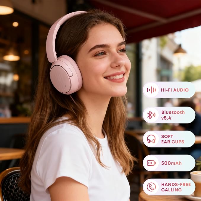 Bluetooth Headphones with Active Noise Cancelling (ANC), Wireless Over Ear Bluetooth Headsets with 35H Playtime, HiFi Stereo Foldable Headphones with Foam Ear Cups for Sports, Travel, Pink