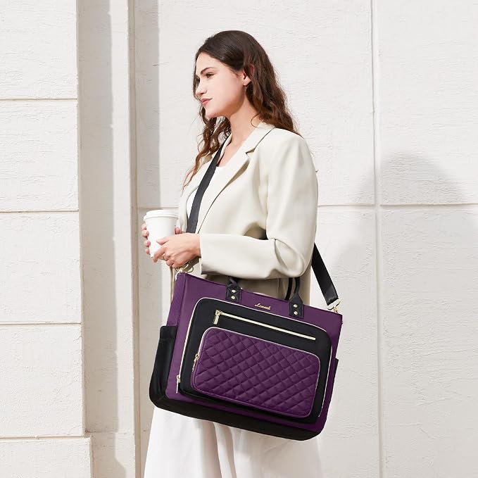 LOVEVOOK Teacher Tote Bag for Women Work, Laptop Bag Work Tote Bag Nurse Bags With Large Cup Holder, Professional Computer Briefcase Business Large Purses Handbag, Diaper Bag Mother Gift, Black-Purple