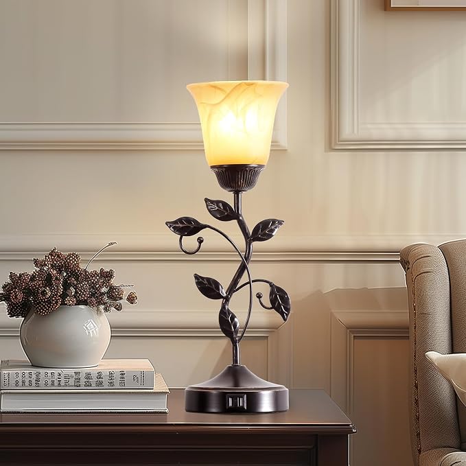 Set of 2 Touch Vintage Table Lamps with 2 USB Ports, 3-Way Dimmable Nightstand Flower Lamps, Amber Glass Shade Rustic Leaf Lamp for Living Room Bedroom, LED Bulb Included (Bronze)