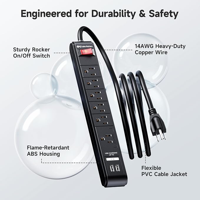 [ETL Listed] Cable Matters 2-Pack 6-Outlet Surge Protector Power Strip with USB Ports - 8ft, Long Extension Cord, Surge Protector with USB Ports, Black
