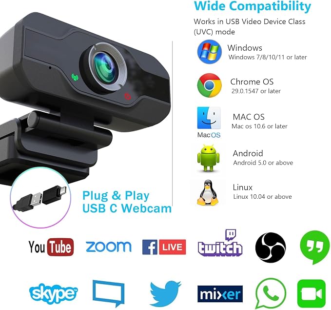 XPCAM USB C Camera 1080p Webcam with Microphone/Tripod/Cover, Auto Light Correction, 110° FOV, Plug & Play Pro Webcam for PC, Computer Camera for Laptop,Mac,Zoom/Teams/Skype/Twitch Streaming