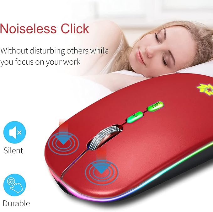 KBCASE Wireless Mouse, LED Wireless Mouse for Laptop, Slim Silent Mouse 2.4G Rechargeable Wireless Computer Mouse for Laptop, MacBook, iPad, Chromebook, with USB & Type-c Receiver